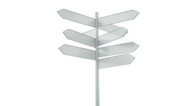A sleek, modern signpost with blank arrows pointing various directions, against a soft, blurred background with creamy bokeh and neutral tones. Concept of future pathways