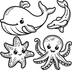 Cute sea animal line art doodle set, bold thick outline, smiling whale, dolphin, starfish, octopus, kids cartoon style, black and white vector illustration for coloring book 1