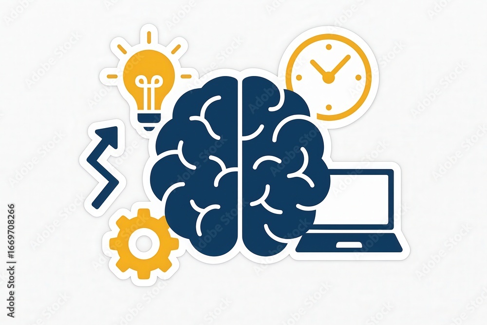 Poster innovative brain graphic featuring a blend of creativity and analytics with elements like a light bu