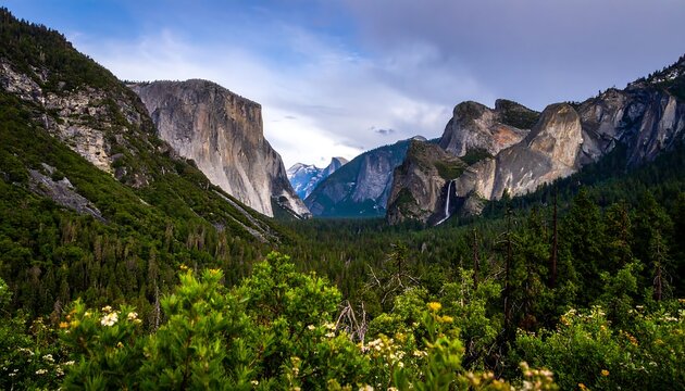 Majestic Yosemite Valley unfolds, showcasing towering granite cliffs, lush forests, and a cascading waterfall against a dramatic sky.