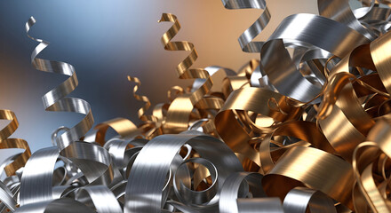 Closeup of shiny metal shavings in gold and silver, representing industry and manufacturing