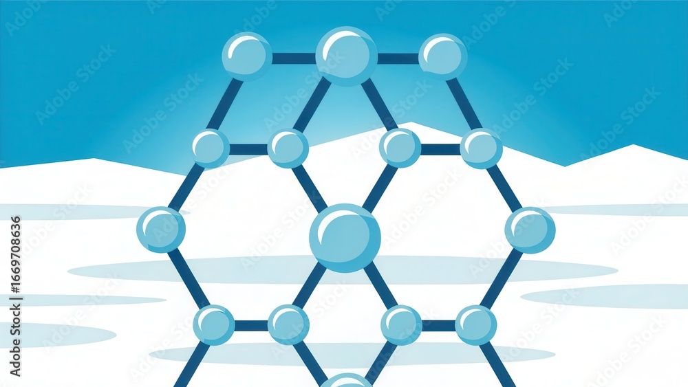 Poster frozen water molecule simulation abstract ice structure depicted in a blue and white environment.