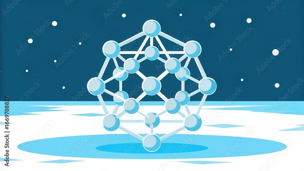 Poster frozen water molecule simulation 3d geometric structure floating in a starry environment over a blue