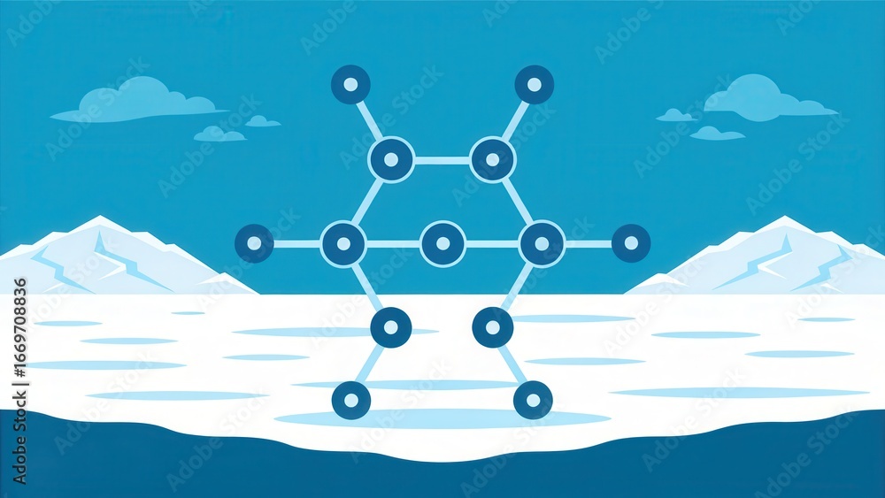 Poster frozen water molecule simulation abstract ice landscape with a geometric pattern in the foreground a