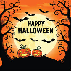 Halloween graphic design with orange background, moon, bats, and jack-o-lanterns.