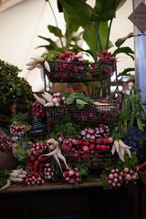 Fresh Organic Radishes on Market Display Vertical