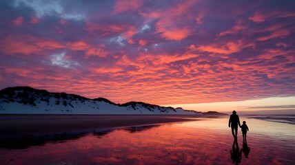 Fototapeta premium Twilight Stroll by the Shore: A breathtaking coastal sunset witnesses a father and child’s silhouetted bonding as they stroll along the wet sands, their figures reflected in the smooth water
