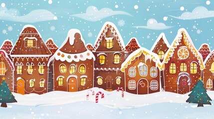 flat clipart design of cozy Christmas gingerbread town, whimsical festive houses made of gingerbread and icing 