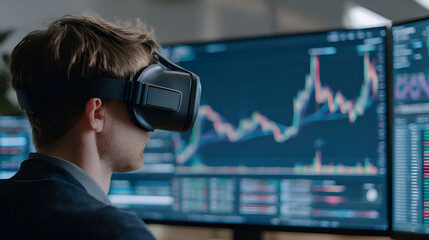 Visionary trader immerses in dynamic market data using advanced virtual reality headset for insightful analysis and future predictions.