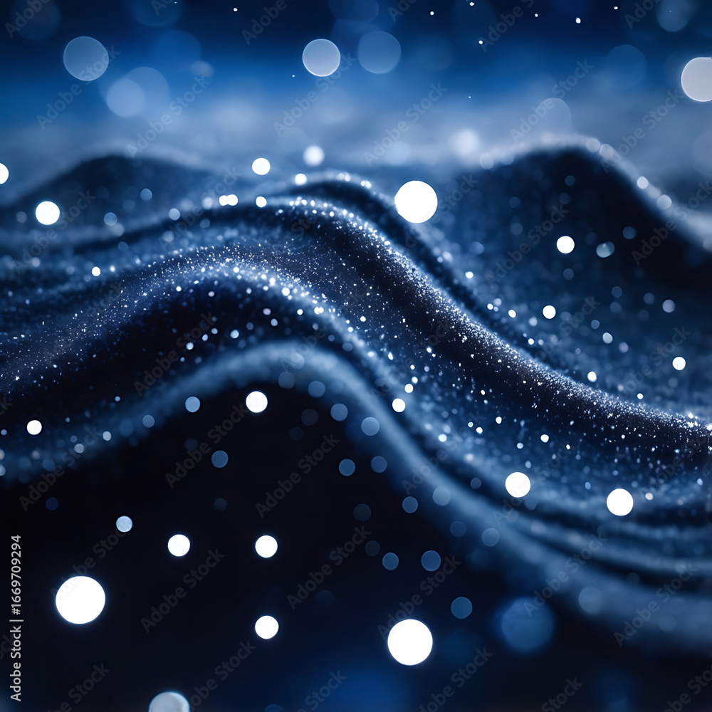Aufkleber abstract flowing dark blue waves with sparkling light particles and bokeh effects.