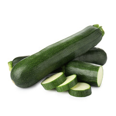 Whole and cut fresh zucchinis isolated on white