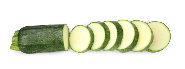 Pieces of fresh zucchini isolated on white, top view