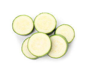 Pieces of fresh zucchini isolated on white, top view