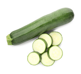 Whole and cut fresh zucchinis isolated on white, top view