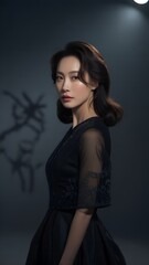 Fototapeta premium Elegance in Silhouette: A captivating woman, styled in a sophisticated black dress, exudes poise and grace as she gazes thoughtfully.