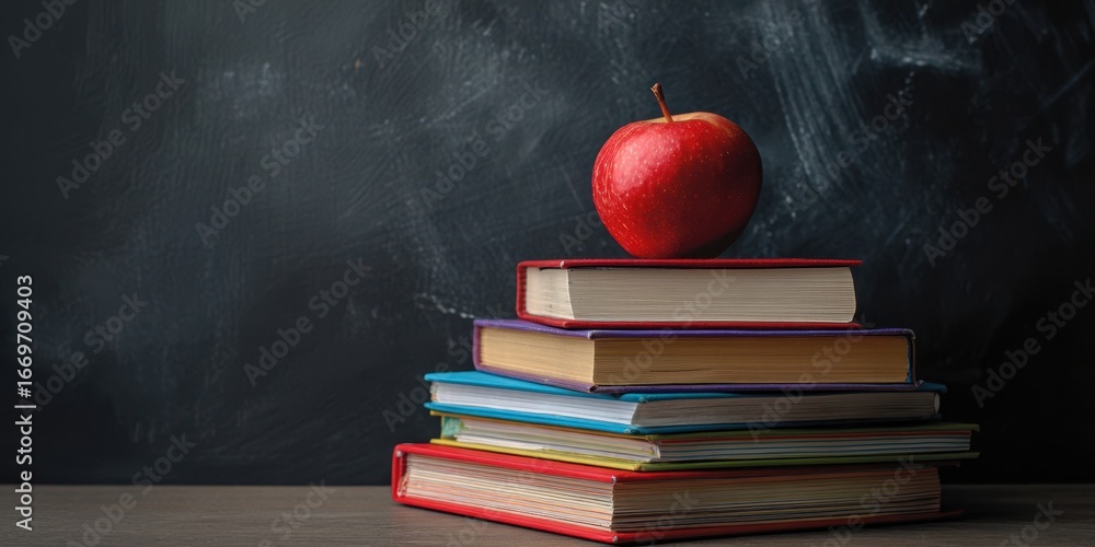 Poster the apple on a stack of colorful textbooks against a chalkboard background