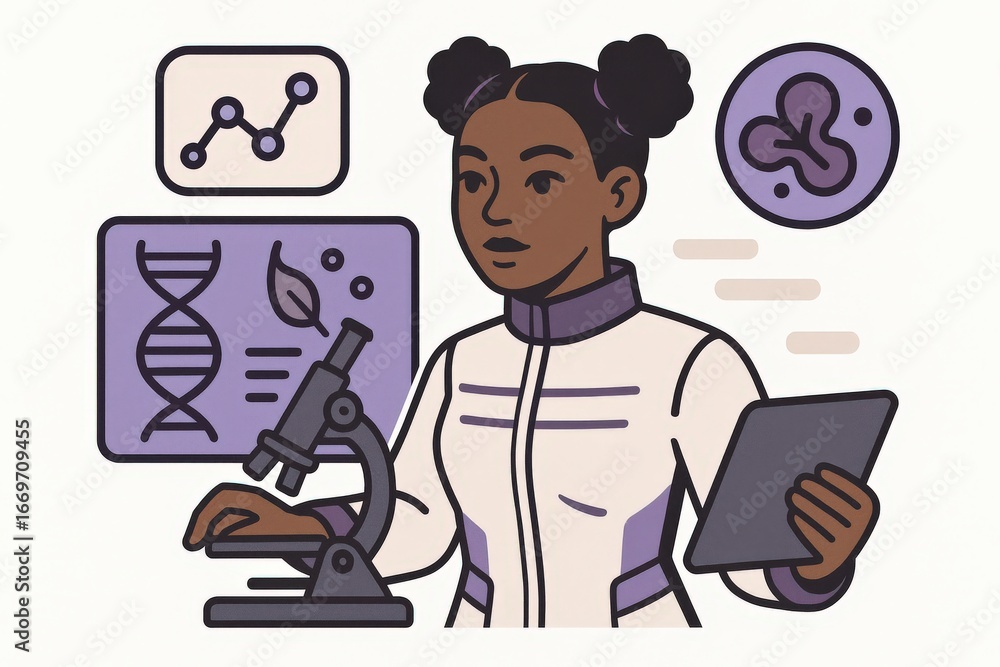 Poster innovative scientist engaged in advanced research exploring biotechnology, analyzing data with a mic
