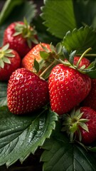 Fresh ripe strawberries with vibrant red color and green leaves on a natural background. Bright, juicy fruit symbolizing freshness, health, and summer harvest.