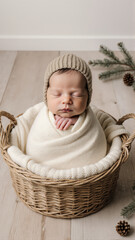 Woven basket contains a sleeping newborn wrapped in a soft blanket. Conifer branches with a pinecone are arranged beside the basket.