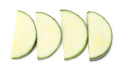 Pieces of fresh zucchini isolated on white, top view