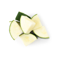 Pieces of fresh zucchini isolated on white, top view