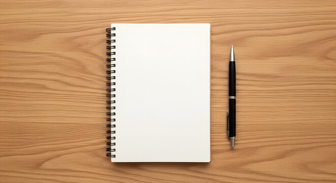 Top view of a blank white spiral notebook and a black pen on a wooden desk surface. - Powered by Adobe