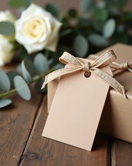 Gift box with blank tag and roses on wooden background