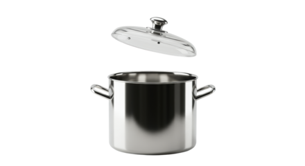 Gleaming, reflective, ultra-modern stainless steel vessel with handles and a floating glass lid, on a transparent studio background, conveying groundbreaking design and innovation