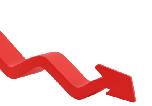 Bold red 3D graphic arrow curving sharply downward on a pristine transparent minimalist studio background with significant negative space, concept of data-driven business strategy