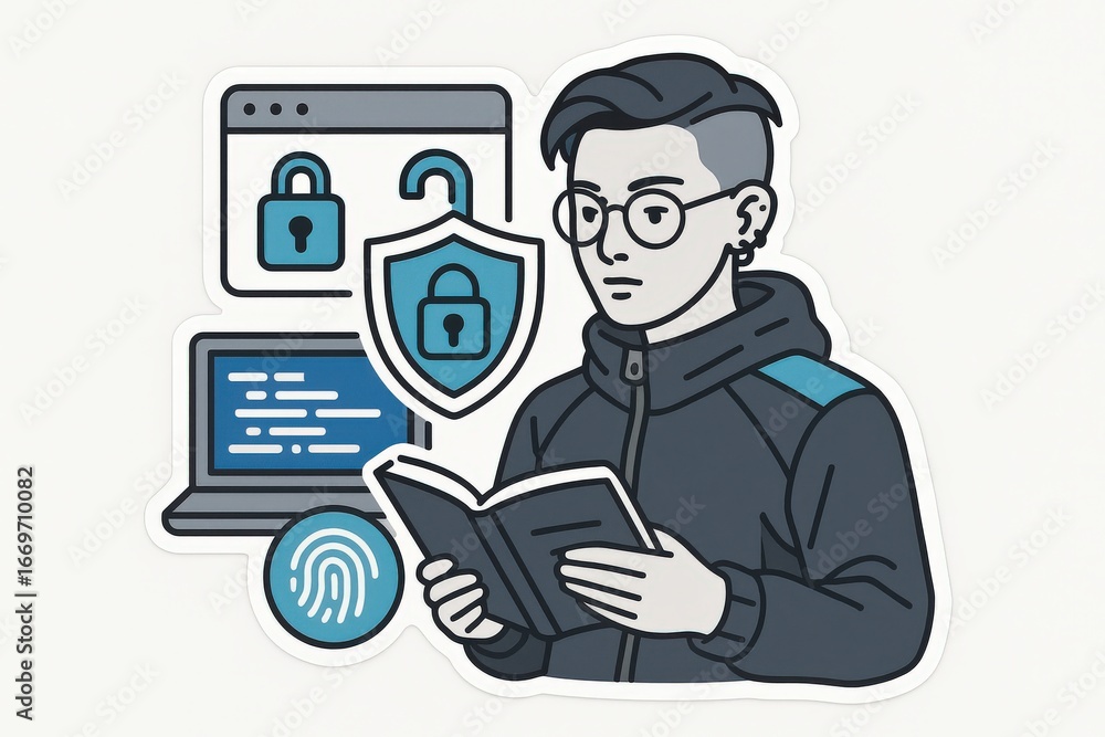 Poster engaging male youth exploring cybersecurity concepts through digital security with visually striking