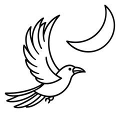raven flying at moon line art vector icon