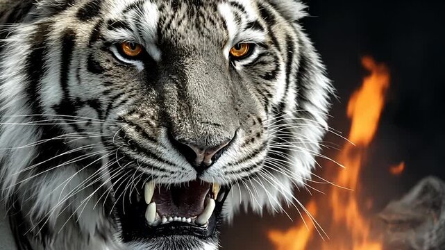 Aggressive tiger showing sharp teeth in firelight  
