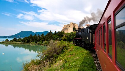 Fototapeta premium A steam train travels along a scenic lakeside path, passing a medieval fortress.
