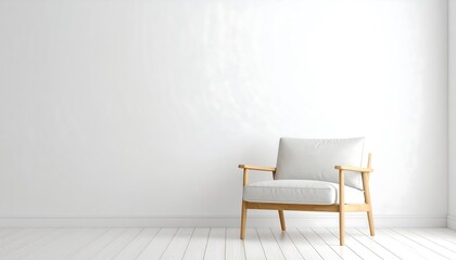 A minimalist room with a light wooden armchair, showcasing a neutral color palette and simple design.
