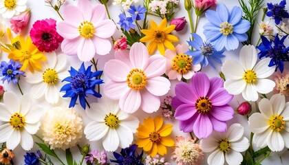A vibrant array of colorful flowers arranged in a beautiful floral design, showcasing a spectrum of pastels and bright hues, set against a simple white backdrop.