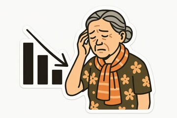 Concerned elderly woman reflecting on declining graph illustrating economic downturn while wearing stylish floral attire and a distressed expression capturing the essence of financial anxiety