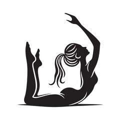 Clean black vector silhouette of Bow Pose Dhanurasana yoga, strong female outline illustration, flexibility stretching fitness exercise, clear posture design on white background