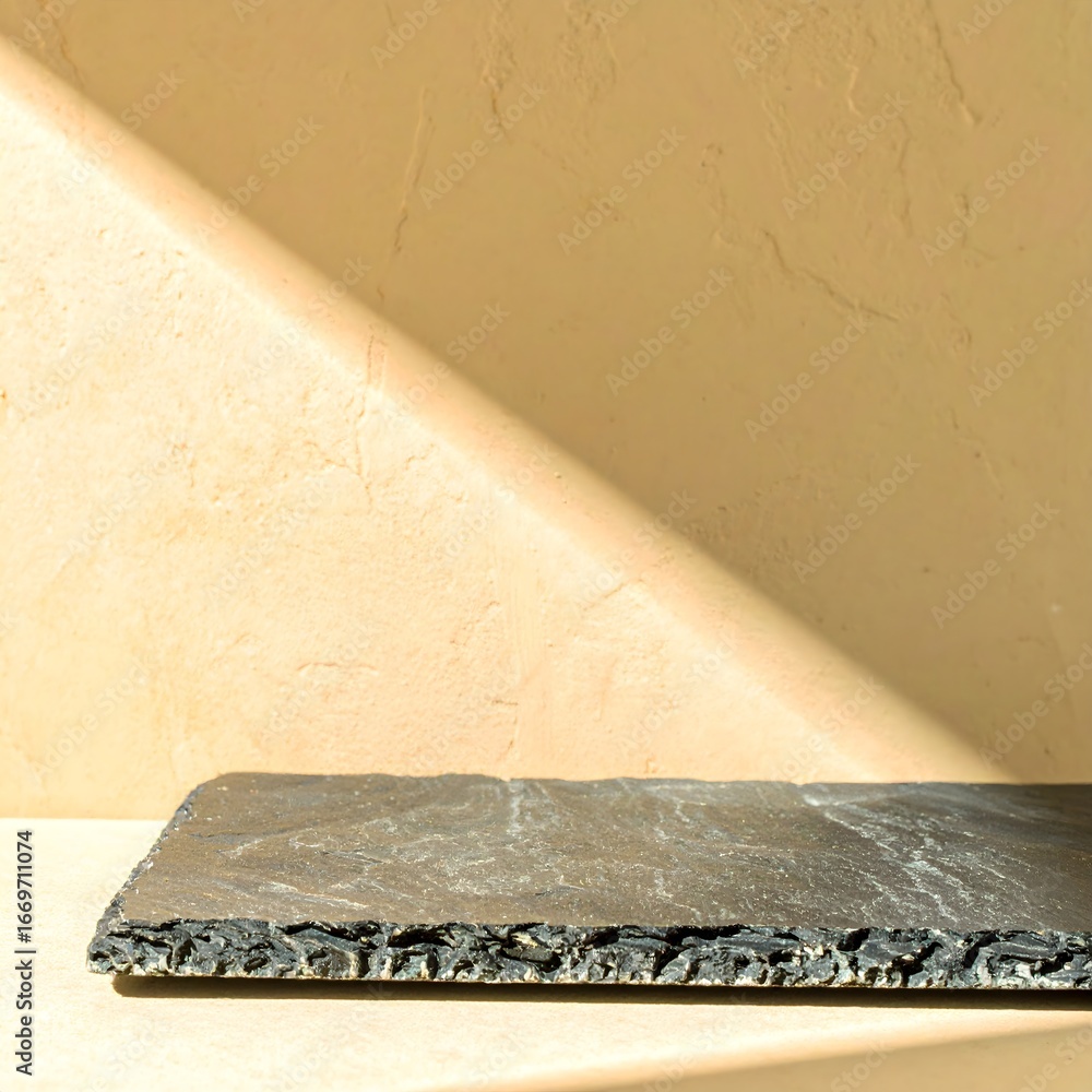 Poster Close-up of a dark slate serving board with a textured surface and shadow.