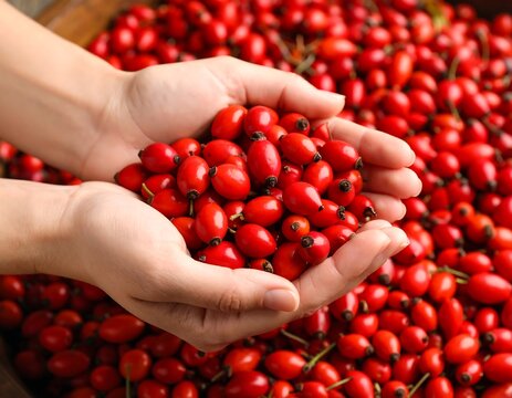 Woman's hands holding a pile of red berries