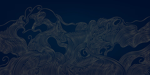 Vector wave japanese pattern, line golden on blue vintage nature graphic. Ocean, river splash background, asian design ornament, luxury curve ornament