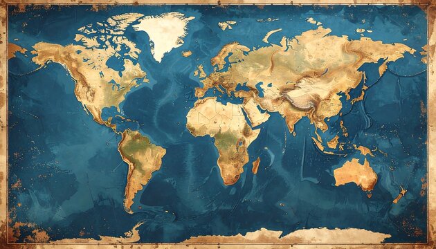 A vintage-style world map showcases continents and oceans in a detailed and aged presentation.