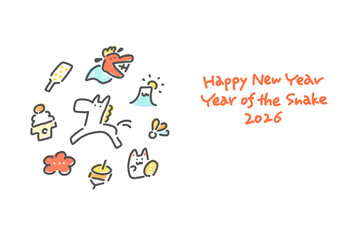 白馬と正月の縁起物の手描きのかわいいシンプル和風年賀状　2026・円形