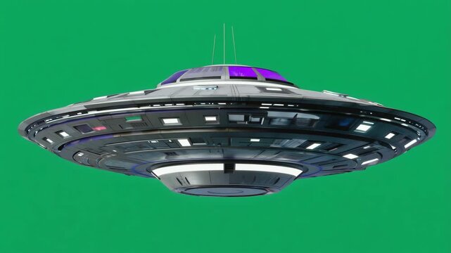 Futuristic UFO Spaceship Design 3e Rendered on Green Screen Background for Sci-Fi Projects