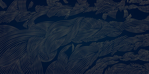 Vector wave japanese pattern, line golden on blue vintage nature graphic. Ocean, river splash background, asian design ornament, luxury curve ornament