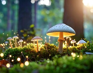Glowing mushrooms and moss in a sunlit forest