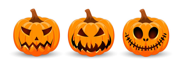 Set carved Halloween pumpkins with different scary faces isolated on white background. The main symbol of the Happy Halloween holiday. Vector illustration.