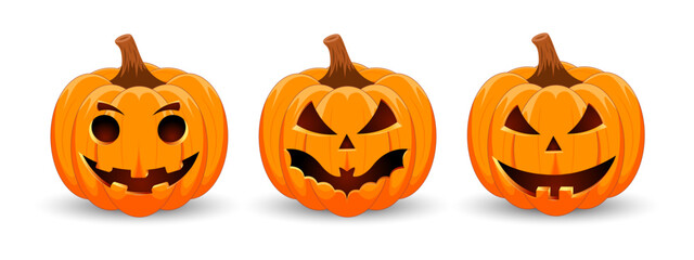 Set carved Halloween pumpkins with different scary faces isolated on white background. The main symbol of the Happy Halloween holiday. Vector illustration.
