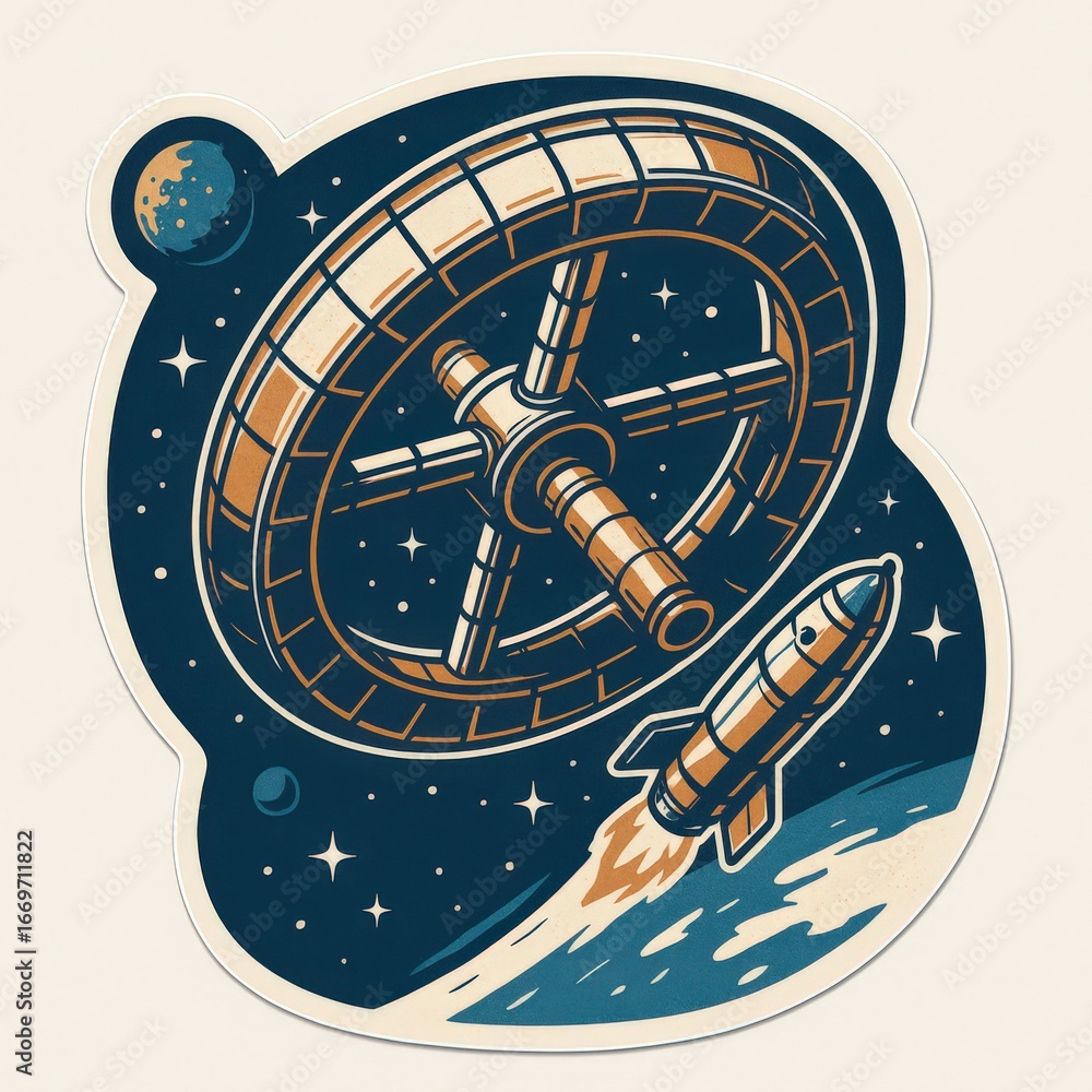 Poster stunning artistic depiction of a futuristic space station design with an orbiting rocket soaring thr