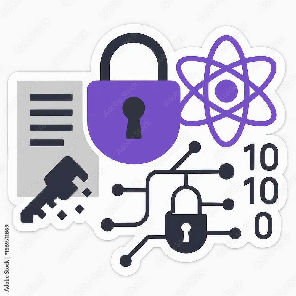 Aufkleber innovative digital security concept showcasing a lock, key, atoms, and binary code representing data
