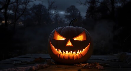 Fototapeta premium Spooky Halloween Jack O Lantern Pumpkin with Glowing Face in Dark Forest